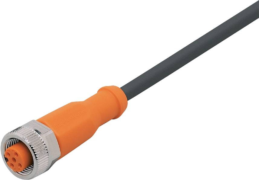 Een oranje elektrische sensor met een lang zwart kabel, gebruikt in industriële toepassingen voor positiedetectie.