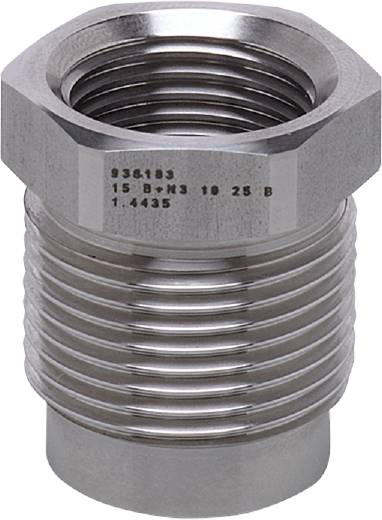Een zilveren metalen schroefverbinding met schroefdraad en gedrukte serienummer.