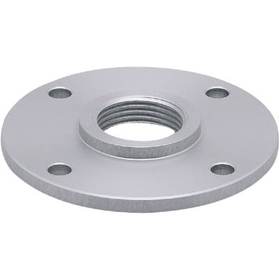 Een zilveren ronde metalen flens met een binnendraad in het midden en vier gaten aan de rand.