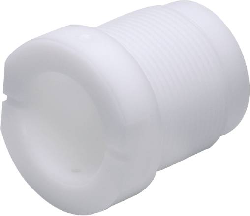 Een witte, cilindrische kunststofadapter met een gegolfde oppervlakte en afgeronde randen, gezien van opzij van bovenaf.