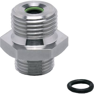 Metalen glanzende adapter met binnen- en buitendraad, naast een zwarte afdichtingsring. Geschikt voor buisverbindingen.