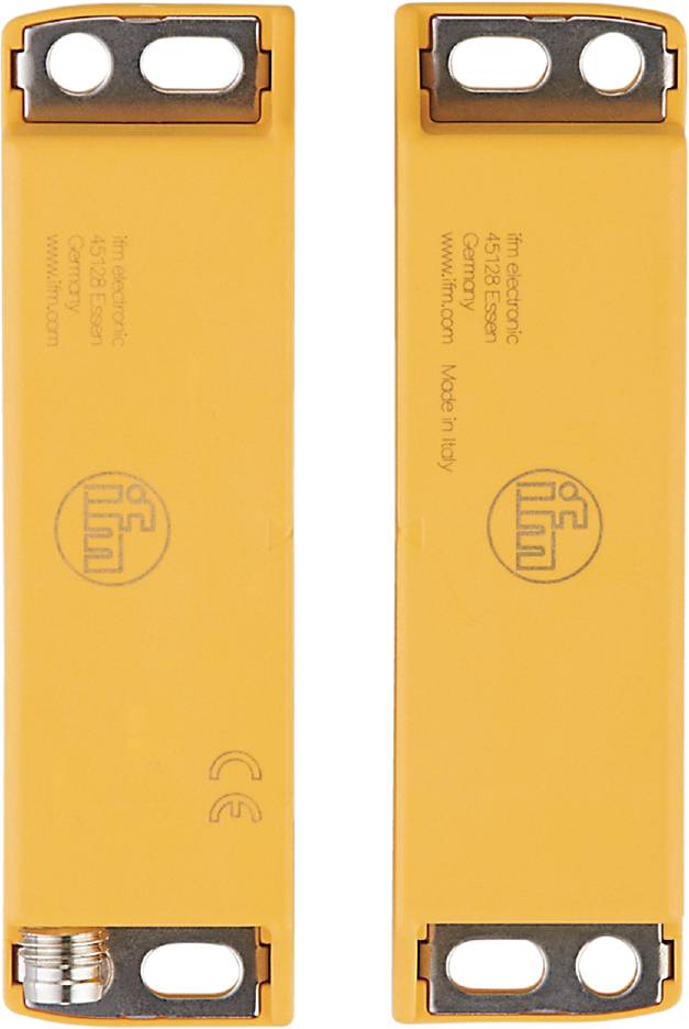 Twee gele, rechthoekige objecten met de opdruk 'ifm electronic 45128 Essen' en 'Made in Italy'.