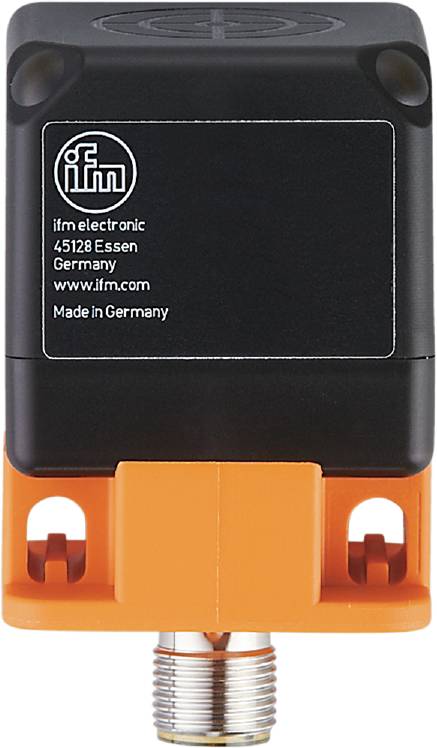 Een elektronisch apparaat met het opschrift 'ifm electronic, 45128 Essen, Duitsland, www.ifm.com, Made in Germany' op een oranje voet.