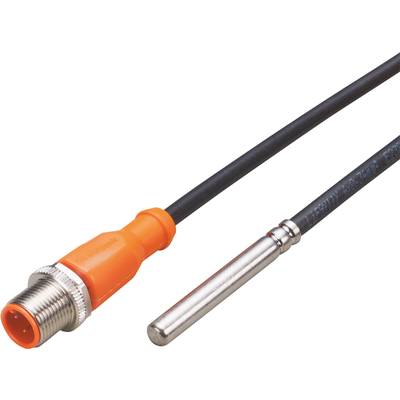 Een cilindrische temperatuursensor met een oranje aansluitkop en een lang kabel. Geschikt voor industriële toepassingen.