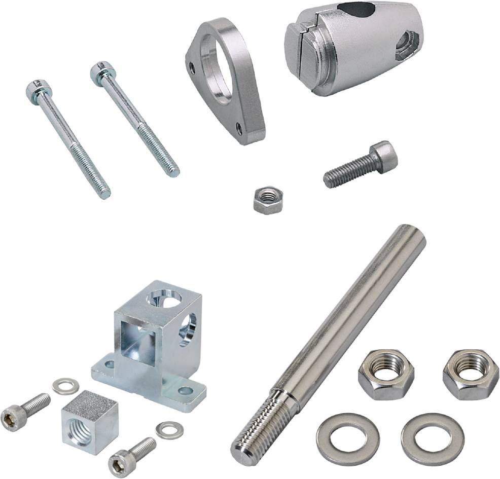 Verschillende metalen bevestigingselementen en componenten, waaronder schroeven, moeren, een bevestigingshoek en een staafhouder.