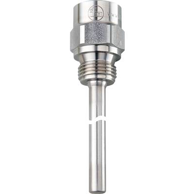 Een zilveren metalen onderdeel met een lange, gladde staaf en een breed, gegroefde kop aan het uiteinde.