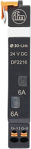 Een zwarte achtergrond toont de opschrift 'DF2216' bovenaan. Daaronder bevindt zich een ronde aan/uit-knop in een vierkant kader.
