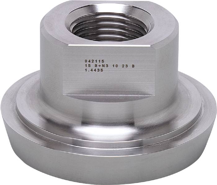 Een zilveren metalen moer met schroefdraadopening en gegraveerde cijfers op het oppervlak, waarschijnlijk een speciaal onderdeel.