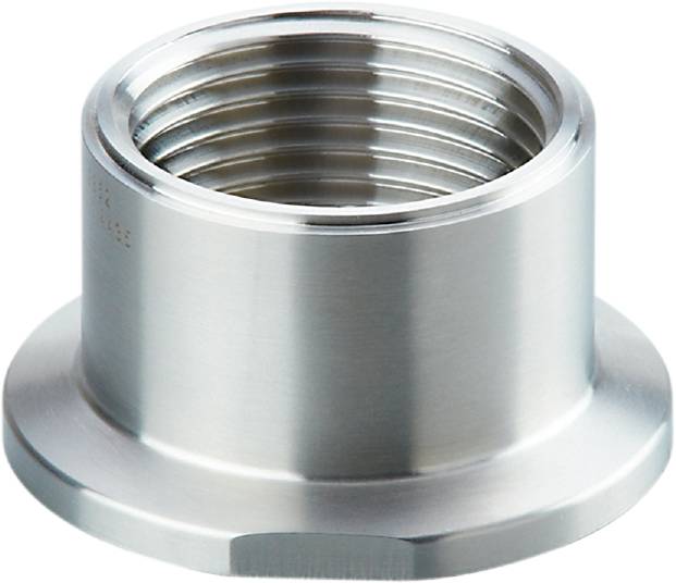 Zilveren metalen moer met draadaansluiting, glanzend en cilindrisch van vorm. Ze is geschikt voor bevestiging in mechanische toepassingen.