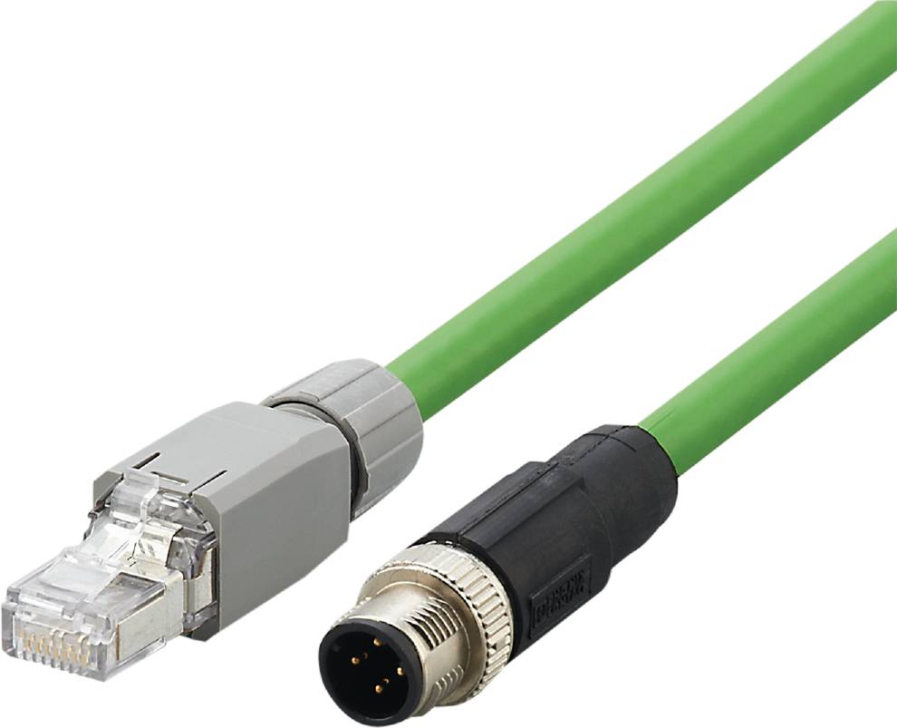 Twee kabels met verschillende stekkers: links een rechthoekige Ethernet-stekker, rechts een ronde stekker met meerdere pinnen.