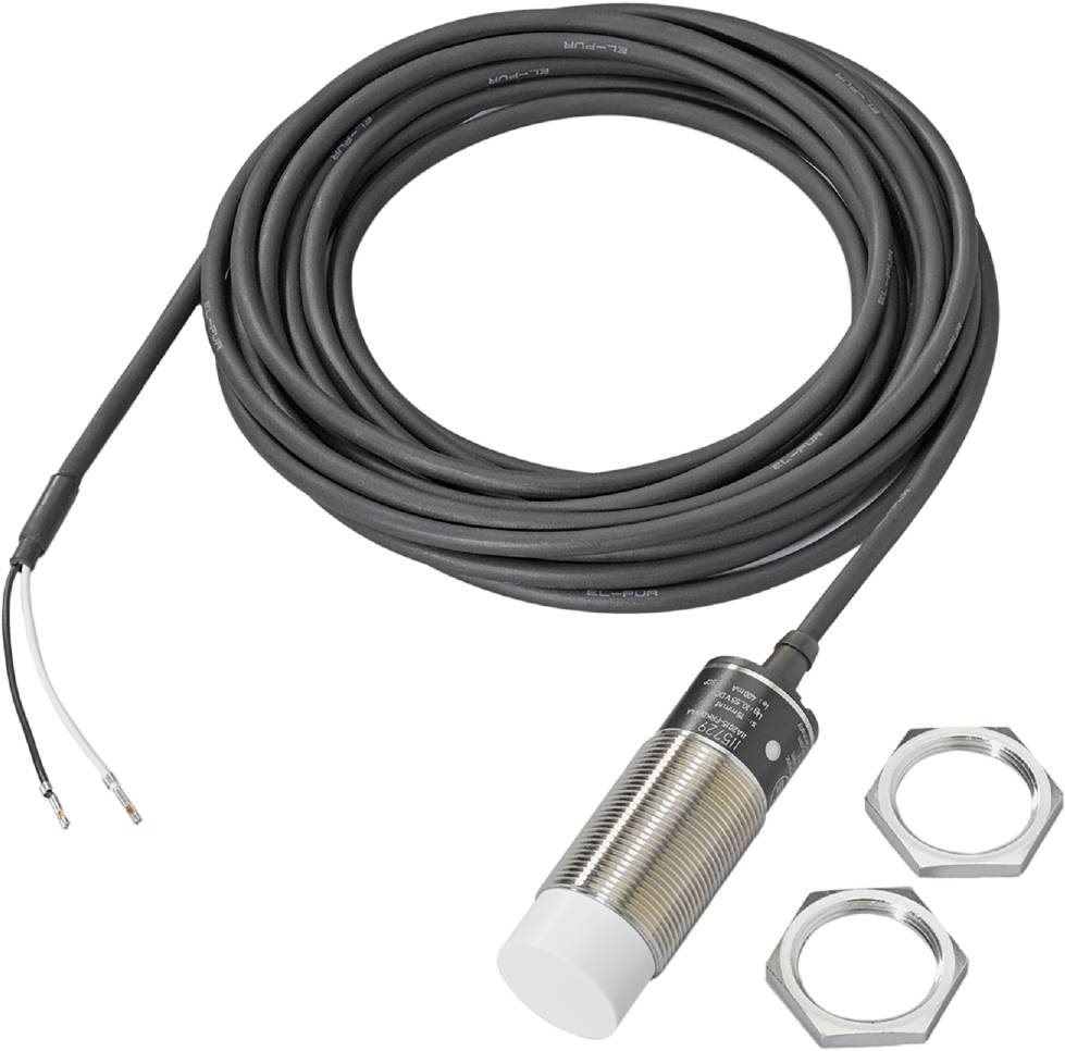 Een cilindrische nabijheidssensor met een lang kabel en twee bevestigingsmoeren, bestemd voor contactloze objectdetectie.