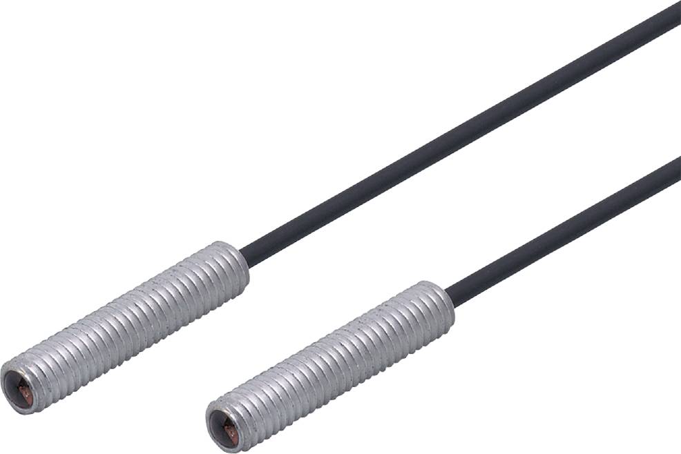 Twee zilveren cilindrische sensoren aan zwarte kabels op een witte achtergrond, vaak gebruikt voor industriële toepassingen.