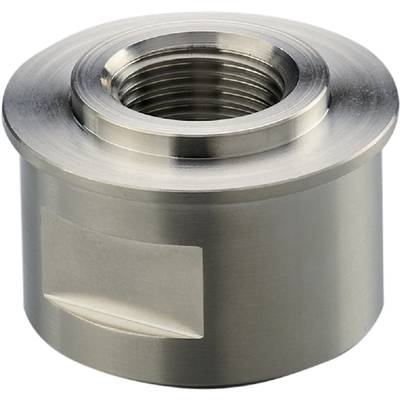 Een ronde, metalen moer met binnendraad, glad gepolijst, op een witte achtergrond.