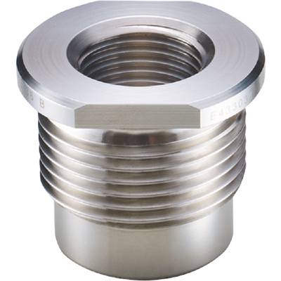 Een zilveren metalen schroefverbinding met verticale schroefdraad, cilindrische vorm, geschikt voor industriële buisaansluitingen.