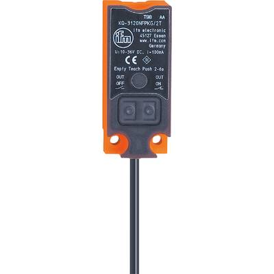 Close-up van een vierkante, oranje sensor of schakelaar met twee ronde knoppen aan de voorkant.