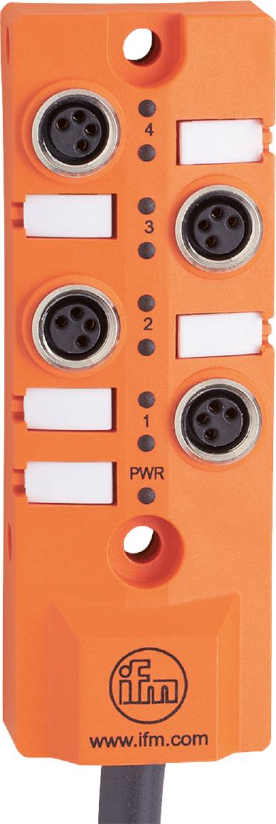 Een oranje elektronische module met twee ronde aansluitingen, genummerd met '1' en '2', met daaronder een label 'PWR'.