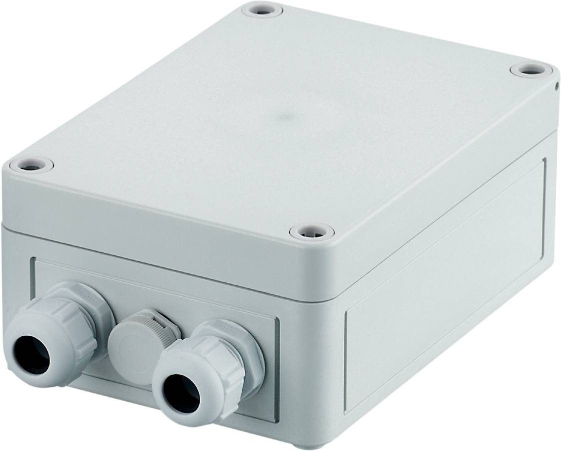 Grijs, rechthoekig behuizing met twee kabelwartels aan de voorzijde. Geschikt voor elektronische aansluitingen.