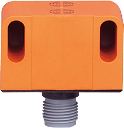 Een rechthoekige, oranje sensor met twee donkere openingen bovenaan en een schroefdraad onderaan.
