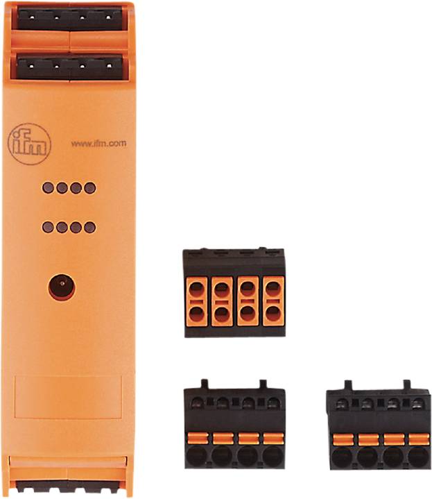 Elektronisch apparaat met vier oranje aansluitingen. Twee afzonderlijke zwarte componenten met aansluitingen ernaast.