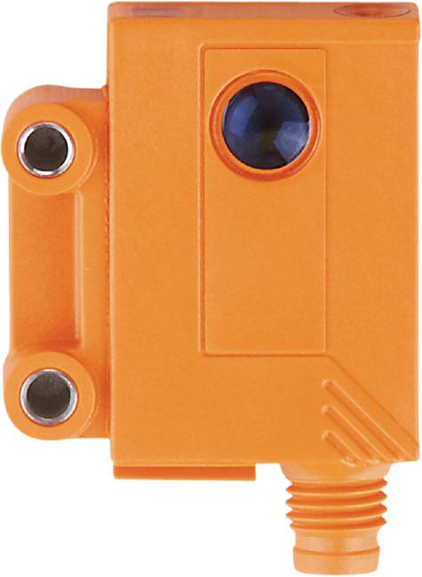 Een oranje sensor met drie aansluitgaten en een transparant blauw element in het midden voor bewaking en besturing.