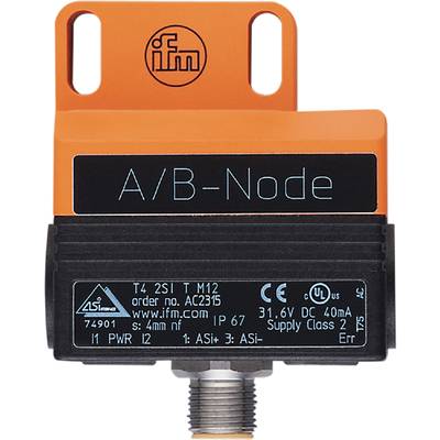 Oranje en zwarte sensor van ifm met de opdruk 'A/B-Node', daaronder de technische specificaties en certificeringen.