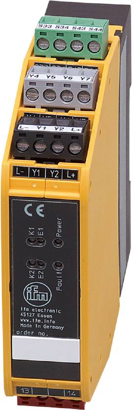 Geel elektrisch apparaat met aansluitklemmen en opschrift 'L-', 'Y1', 'Y2', 'L+'. Opschrift 'CE' en 'Power'.