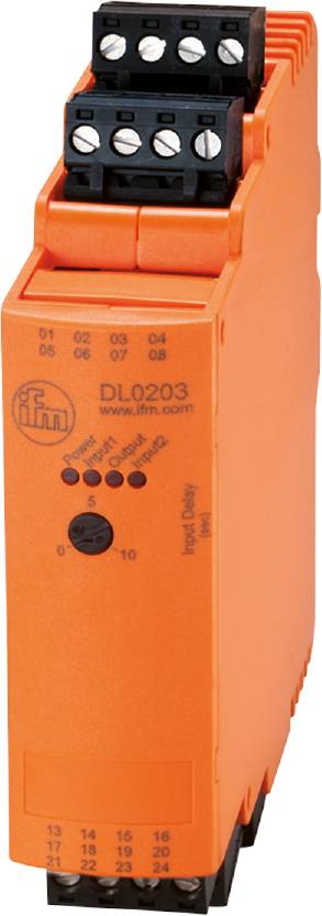 Oranje elektronische sensor met het opschrift 'DL0203', meerdere aansluitpunten en een draaiknop voor 'Input Delay'.