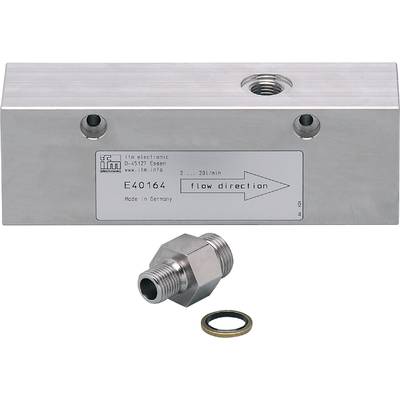 Doorstroomsensor van IFM met RVS-behuizing, model E40164. Toont 'stroomrichting' met pijl naar rechts. Capaciteit: 2-20 l/min.