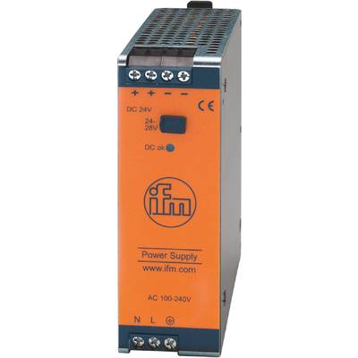 Een oranje apparaat met 'ifm' logo, schakelaar voor 24-28V, en LED-indicatie 'DC ok', wat wijst op een werkende stroomvoorziening.