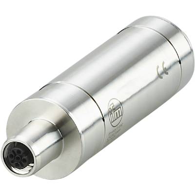 Metalen cilindrische sensor, waarschijnlijk voor industrieel gebruik, met meerdere contactpunten en logo op het oppervlak.