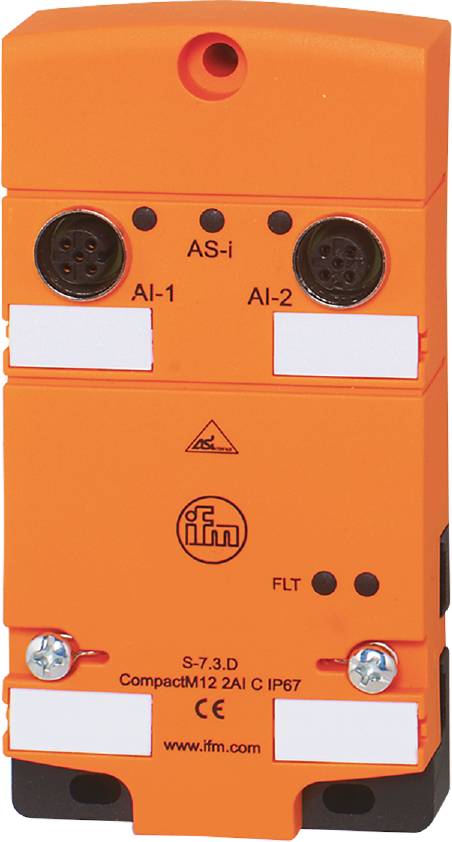 Oranje elektronische component met twee ronde aansluitingen bovenaan, gemerkt met 'AI-1' en 'AI-2', met IFM-logo onderaan.