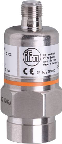 Sensor van ifm electronic met CE-markering, beschermingsklasse IP68/IP69K, geschikt voor 32 VDC en 20 mA, geproduceerd in Duitsland.