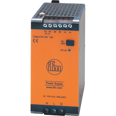 Een oranje voedingsadapter van 'ifm', model 'Power Supply', 24-28V DC, LED-indicatoren voor 24V-uitgang en DC-status.