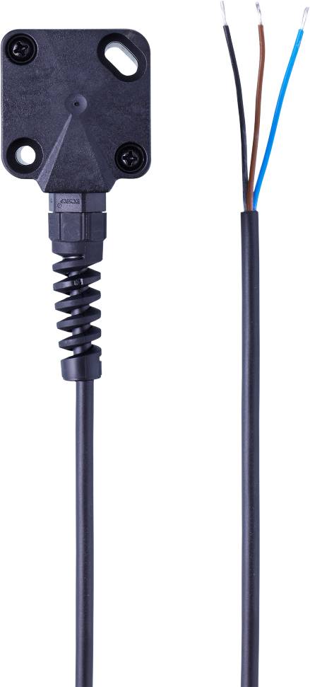 Een zwart elektriciteitssnoer met blote blauwe en bruine aders aan de ene kant en een geïsoleerde stekker aan de andere kant.