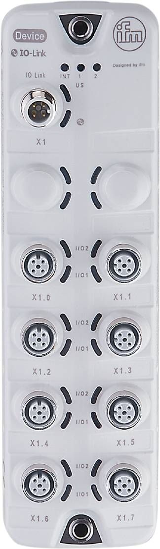 Vier ronde aansluitingen op een witte oppervlakte, gemarkeerd met 'I/O1', 'I/O2', 'X1.0' en 'X1.1', waarschijnlijk voor elektrische apparaten.