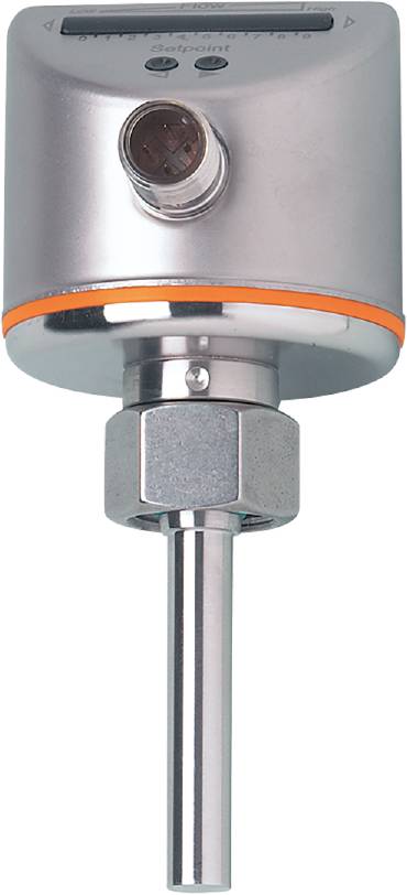 Industriële temperatuursensor met metalen behuizing en bevestigingselementen. Gebruikt voor het bewaken van procesomstandigheden.