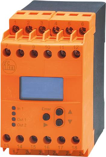 Een oranje elektronisch apparaat met display en meerdere aansluitingen, mogelijk een industrie- of besturingsmodule.