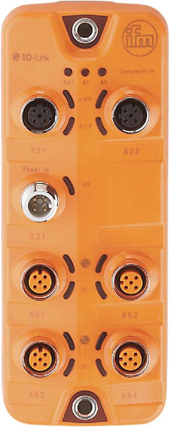 Een oranje elektronisch apparaat met meerdere ronde aansluitingen die gelabeld zijn met 'X21', 'X31', 'X22' en 'Power IN'.