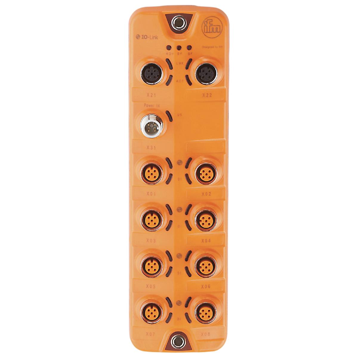 Een oranje IO-Link-master met meerdere aansluitingen, elk voorzien van verschillende labels en LED-indicatoren.