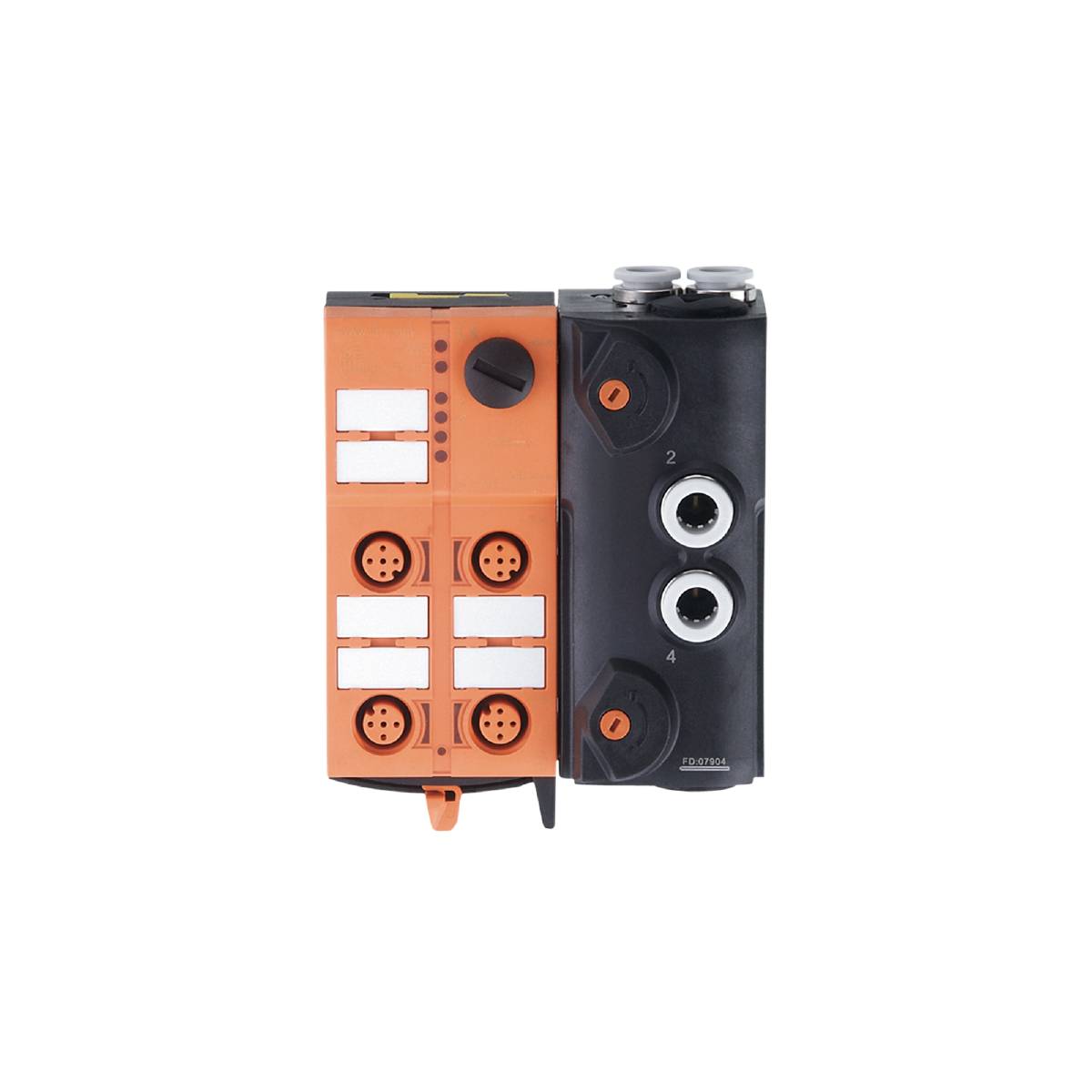 Een oranje-zwart elektrisch apparaat met meerdere aansluitingen en bedieningselementen op een zwarte achtergrond.