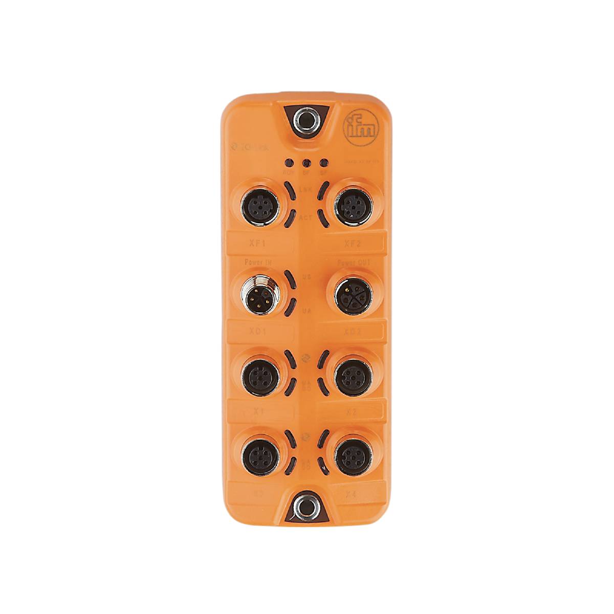 Een oranje elektronische module met acht ronde aansluitingen in twee verticale rijen, vermoedelijk bedoeld voor industriële toepassingen.