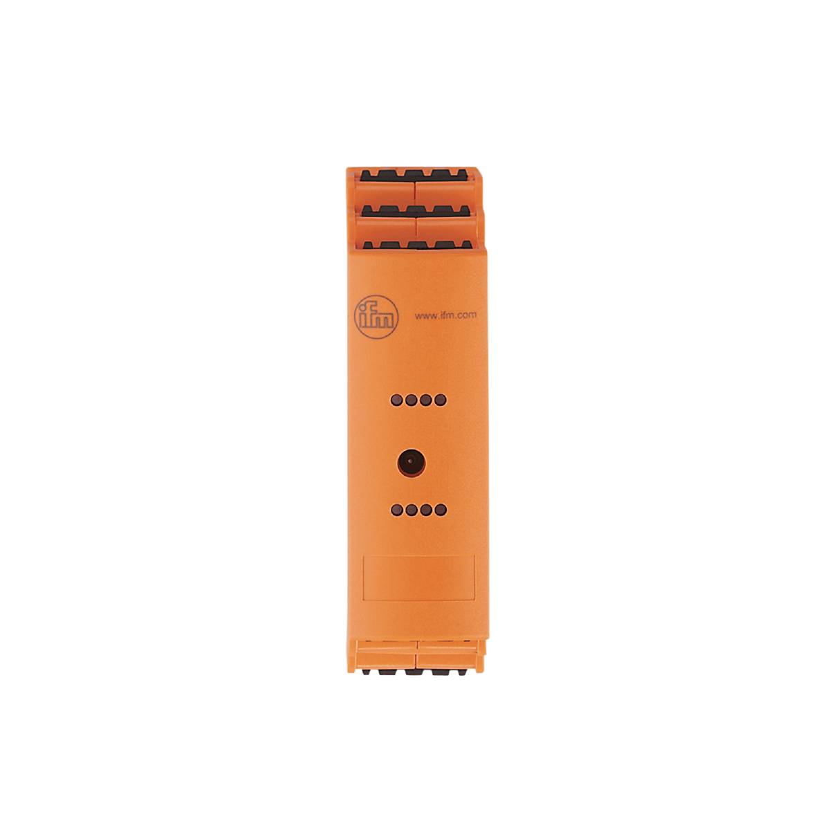 Een oranje elektronisch apparaat met vijf LED's in een verticale rij, 'ifm' logo en website-adres op de voorkant.