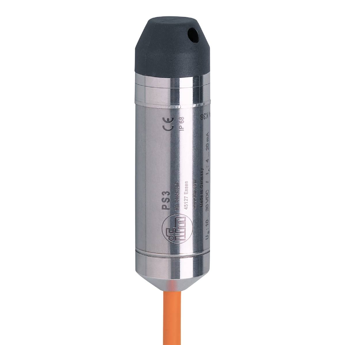 Zilveren cilindrische drukmeter met zwart bovenste uiteinde en oranje kabel, voorzien van de tekst 'PS3'.