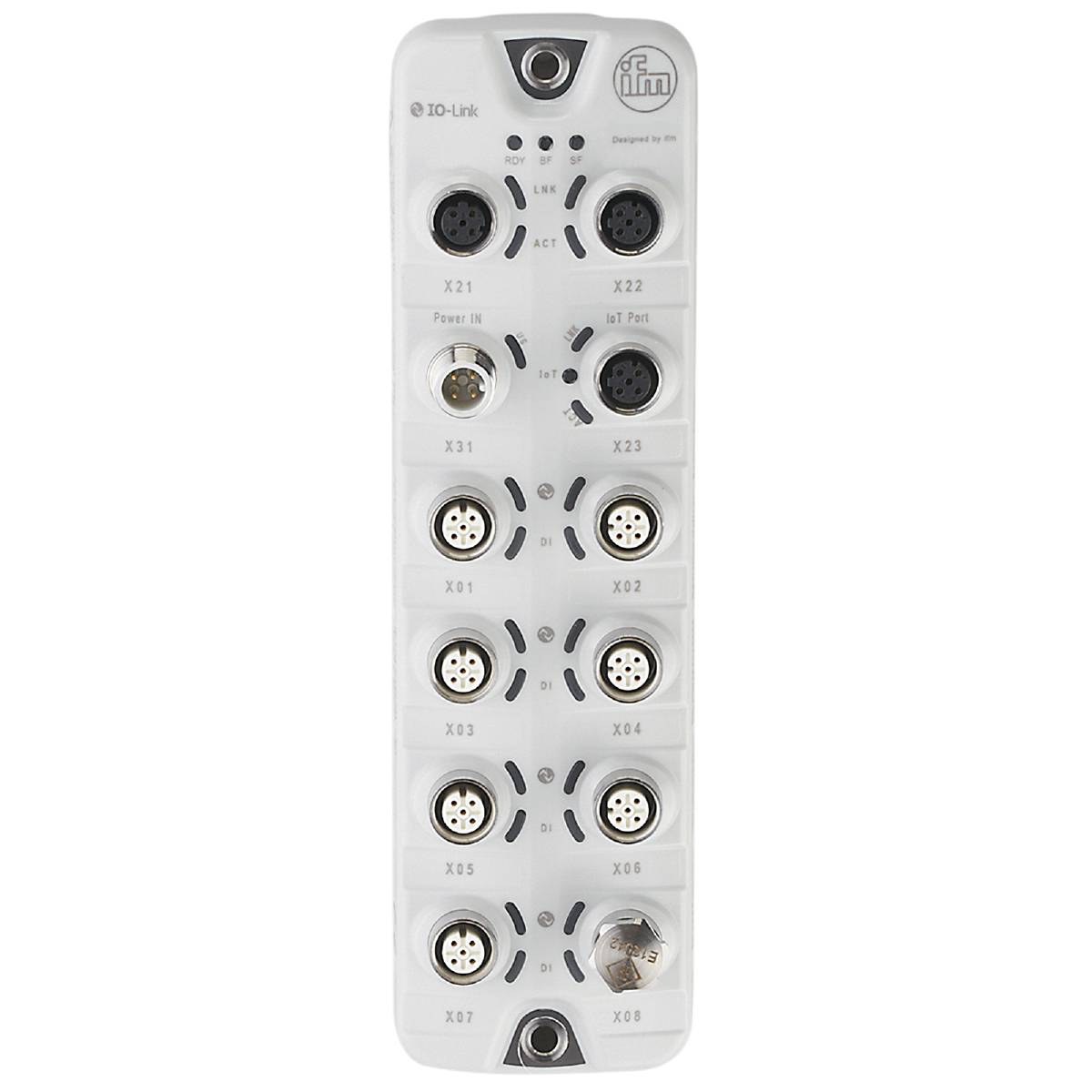 Een sensor-interfacemodule met meerdere ronde aansluitingen, geschikt voor industriële toepassingen voor gegevensoverdracht en sensornetwerken.