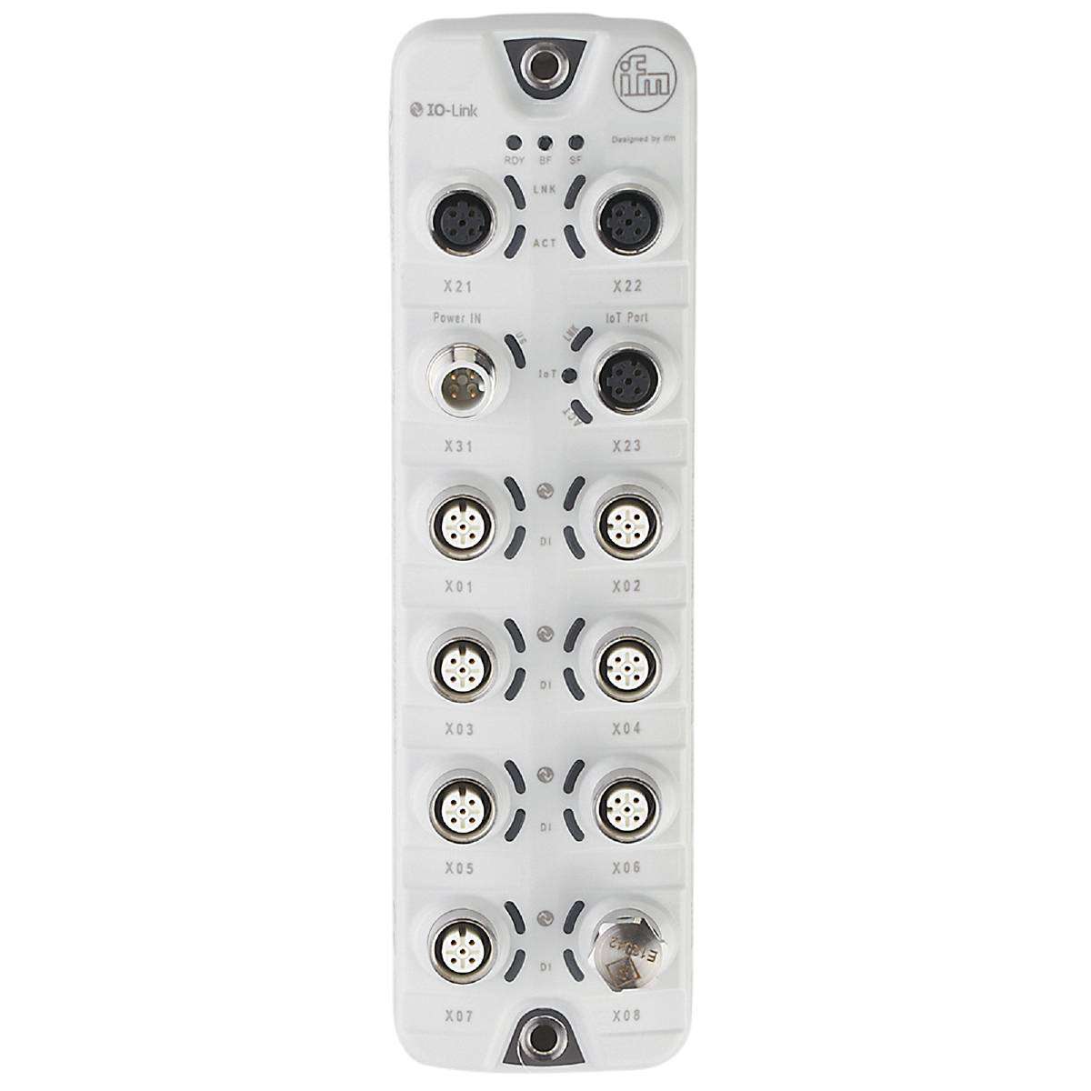 Een wit IO-Link-module met meerdere ronde aansluitbussen aan de voorzijde, geschikt voor industriële toepassingen.