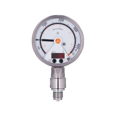 Manometer met digitale weergave, toont 0 Bar. Schaal tot 400 Bar, 'Made in Germany'. Zilveren kleur, industrieel ontwerp.
