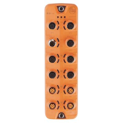Een oranje industrieel I/O-module met twaalf aansluitingen, geschikt voor industriële automatiseringstoepassingen.