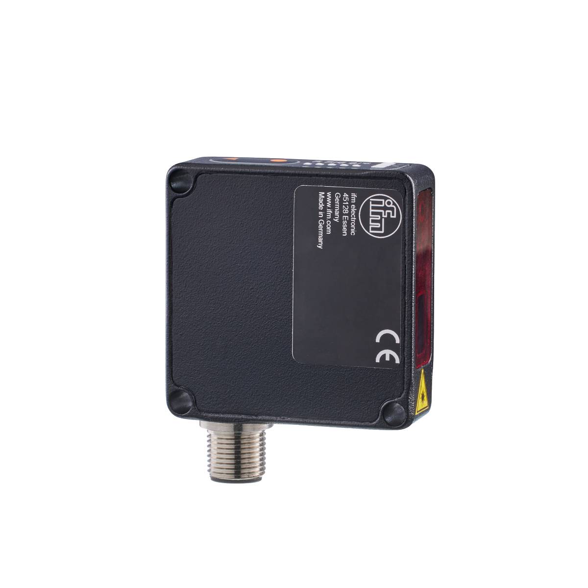 Rechthoekige sensor in een zwart behuizing met metalen aansluiting, merklogo en CE-markering, tegen een zwarte achtergrond.