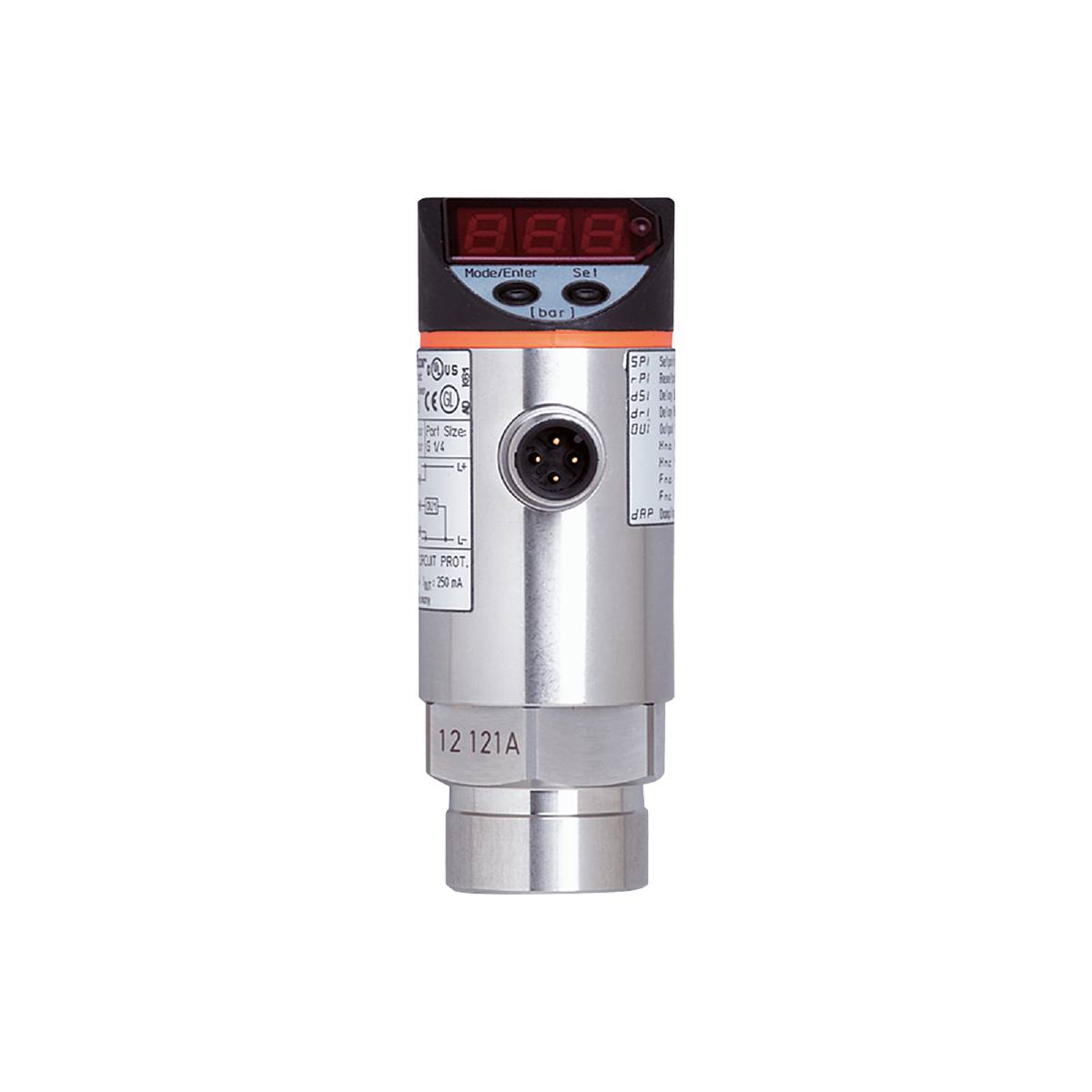 Een digitale druksensor met display. Zilveren behuizing, rood display bovenaan. Meerdere aansluitingen en labels zichtbaar.
