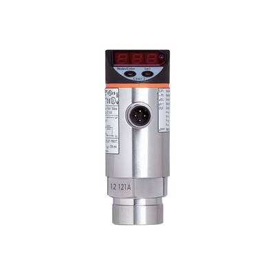 Een digitale druksensor met display. Zilveren behuizing, rood display bovenaan. Meerdere aansluitingen en labels zichtbaar.